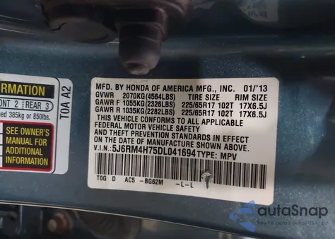 2013 Honda Cr-V Ex-L z USA, uszkodzony, nr VIN 5J6RM4H75DL041694